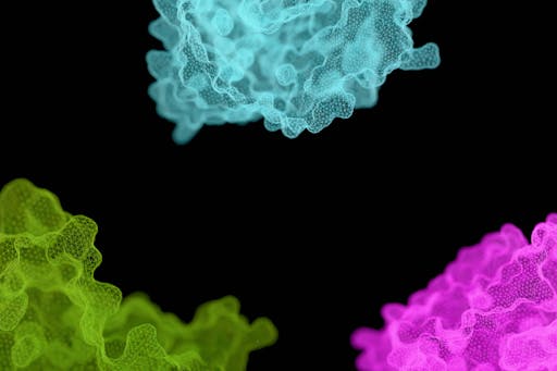 Three colourful segments of proteins, depicted in semi-transparent surface structure in green, blue and pink, nicely contrasting with a black background.